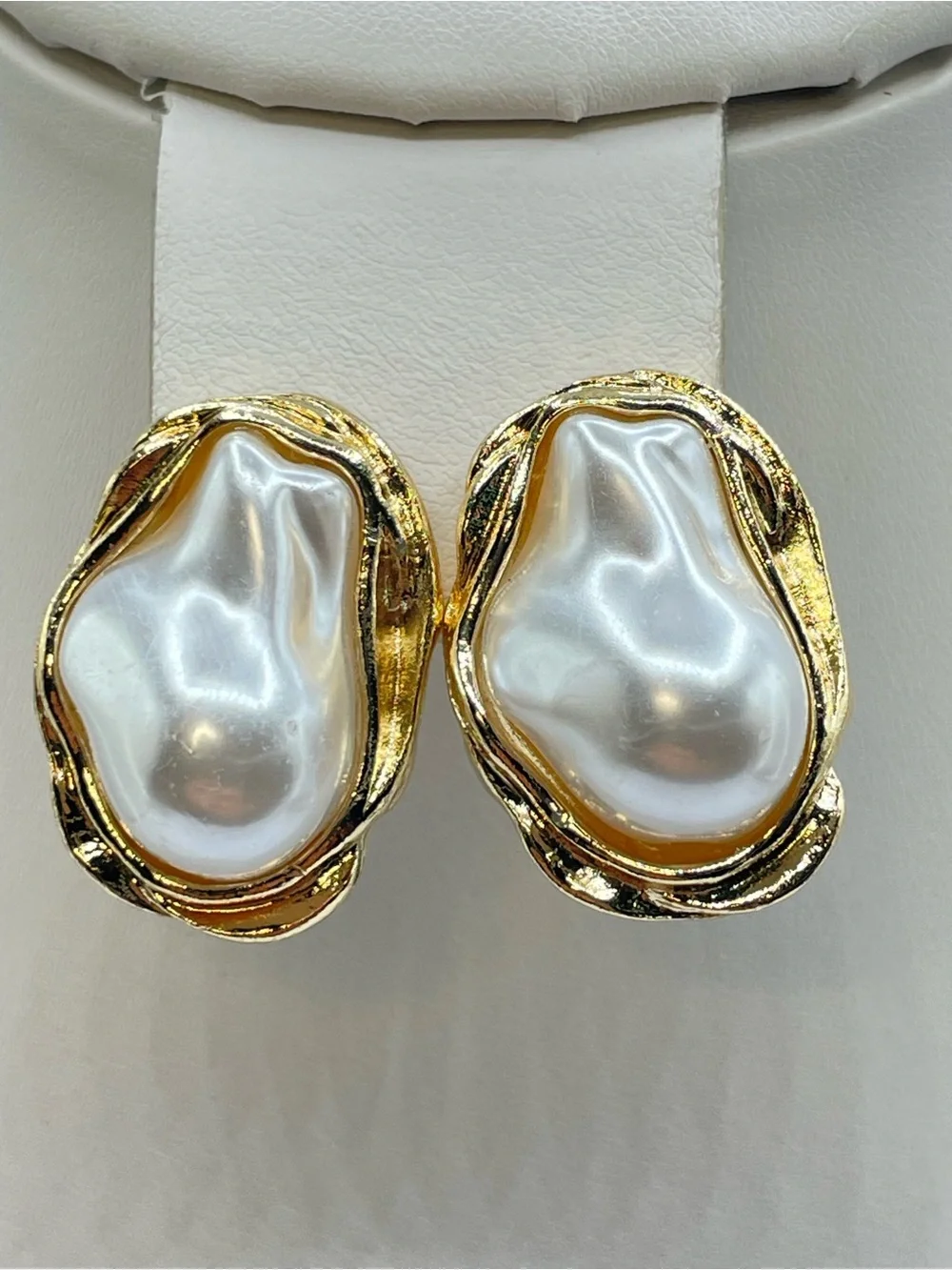 Gold Faux Baroque Pearl Stud Earrings Coastal Chic Statement Bold